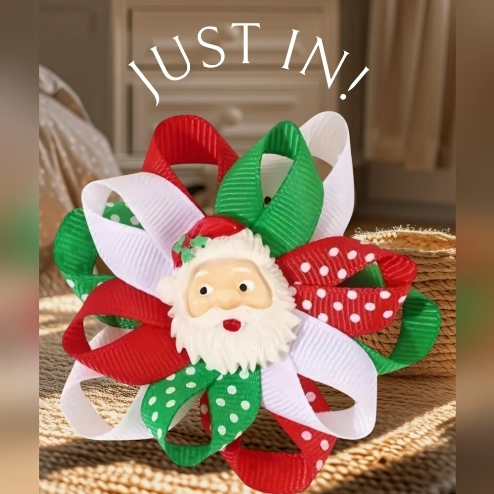 SET OF 2 Christmas Hair Bow Clips w/ SANTA CLAUS